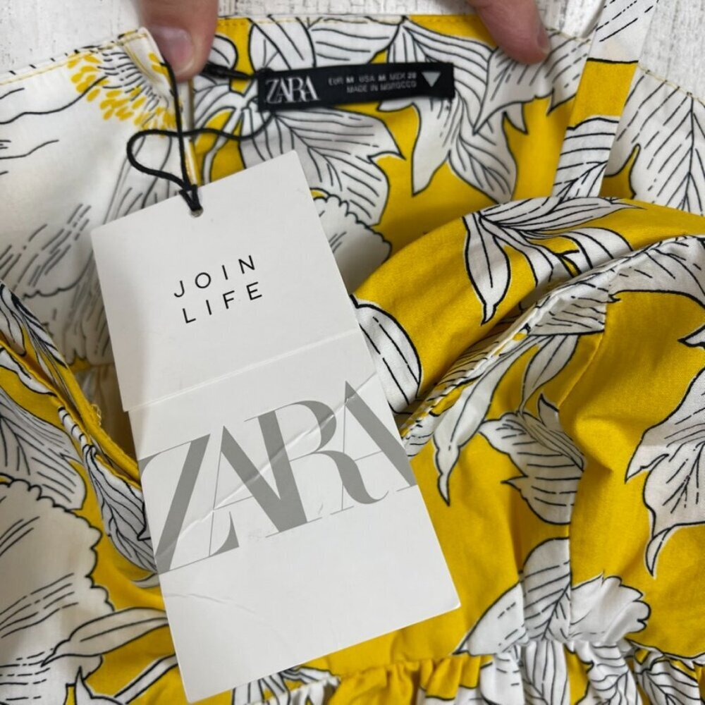 Zara floral cotton poplin sundress NWT yellow white size M tiered maxi‎ event - Picture 4 of 7